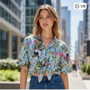 SOLD-Zara Toucan Tropic Paradise Cropped Blouse